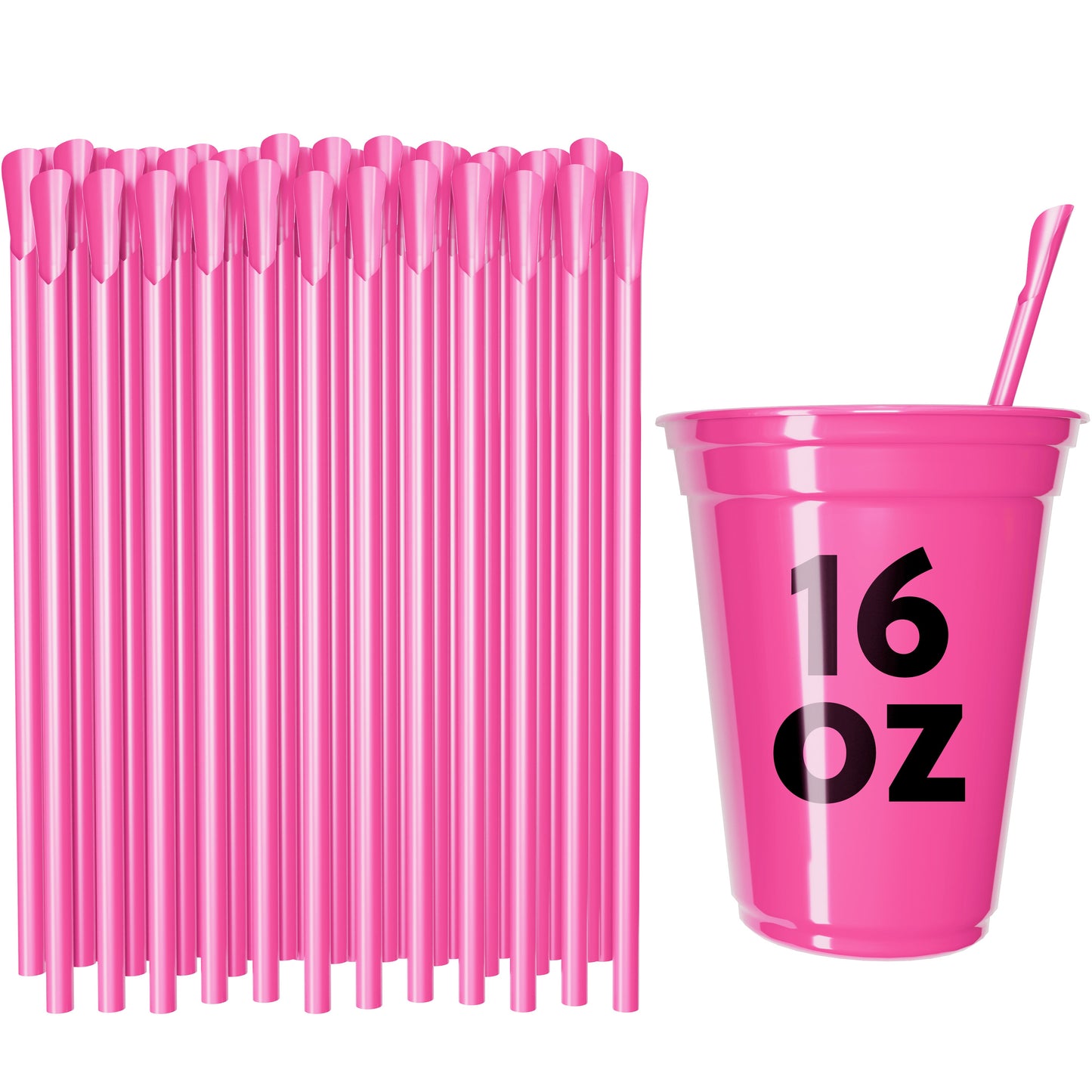 Pink classic spoon straws with spoon-shaped tip beside a 16 oz pink cup with matching straw