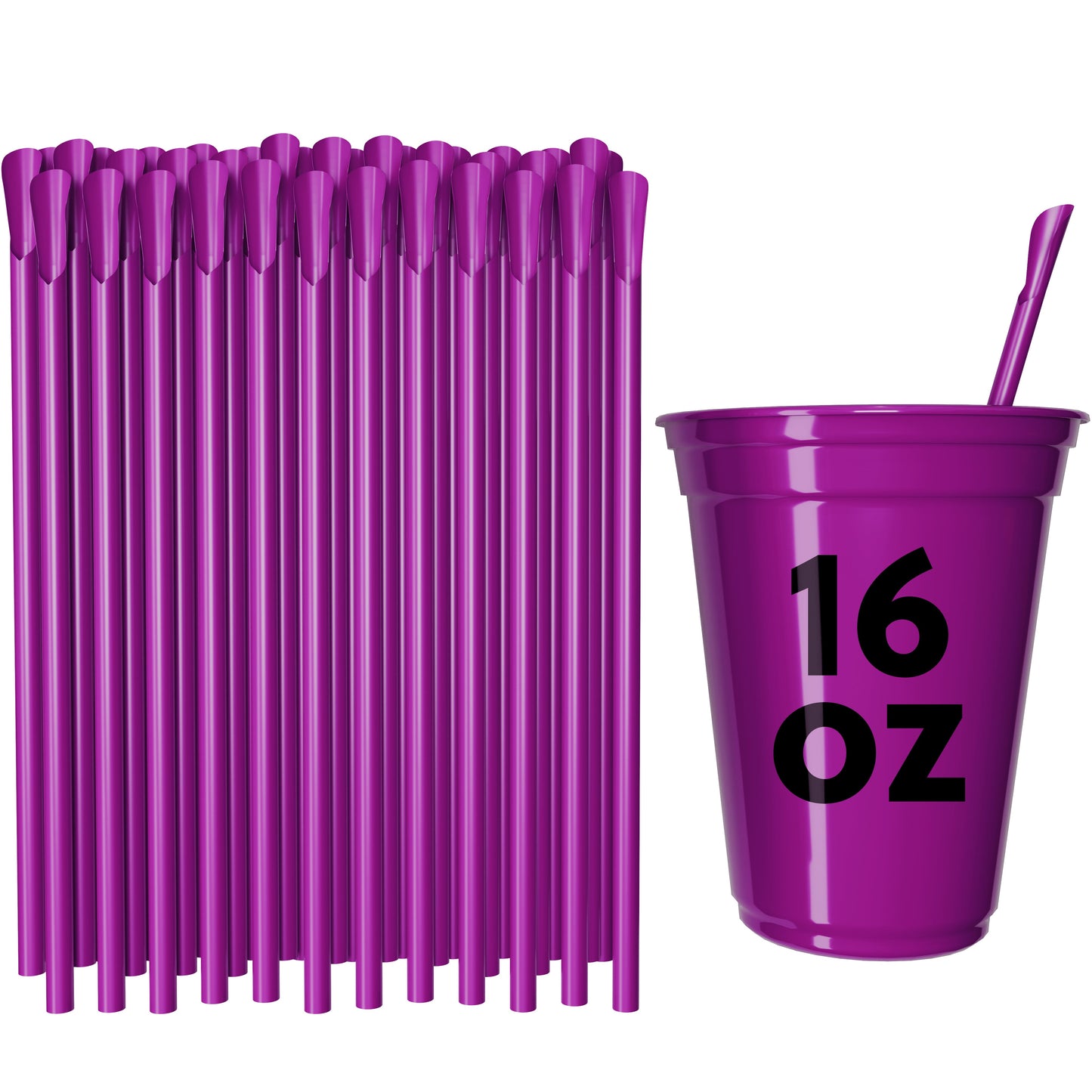 Purple classic spoon straws next to a 16 oz purple cup with a spoon straw inserted