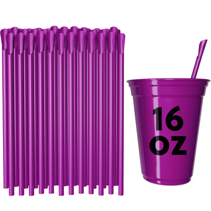 Purple classic spoon straws next to a 16 oz purple cup with a spoon straw inserted