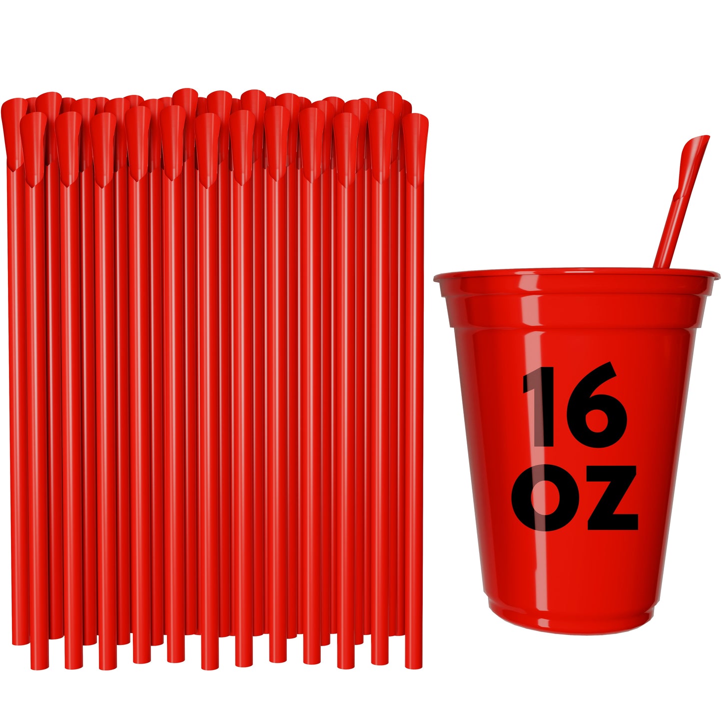 Red classic spoon straws next to a 16 oz red cup with a spoon straw inserted