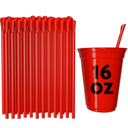 Red classic spoon straws next to a 16 oz red cup with a spoon straw inserted