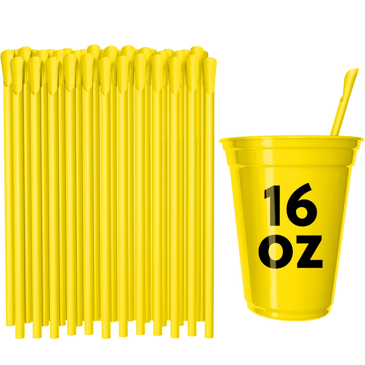 Yellow classic spoon straws with spoon-shaped tips next to a yellow 16 oz cup