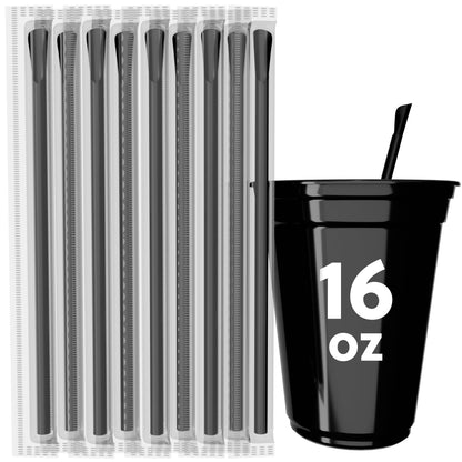 Pack of colorful 8-inch scoop straws with spoon-shaped tips for thick drinks and frozen desserts alongside a 16 oz black cup.