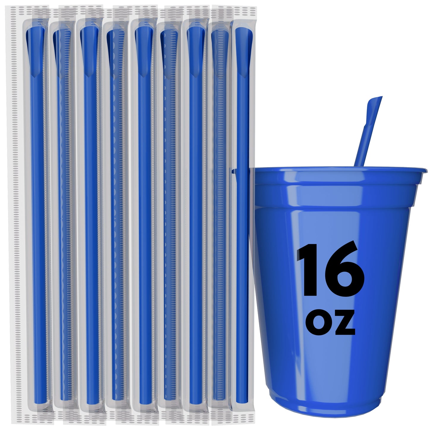 Set of blue 8-inch scoop straws with spoon tip next to blue 16 oz cup for frozen drinks