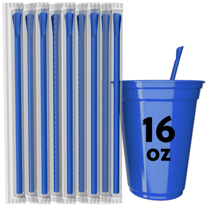 Set of blue 8-inch scoop straws with spoon tip next to blue 16 oz cup for frozen drinks