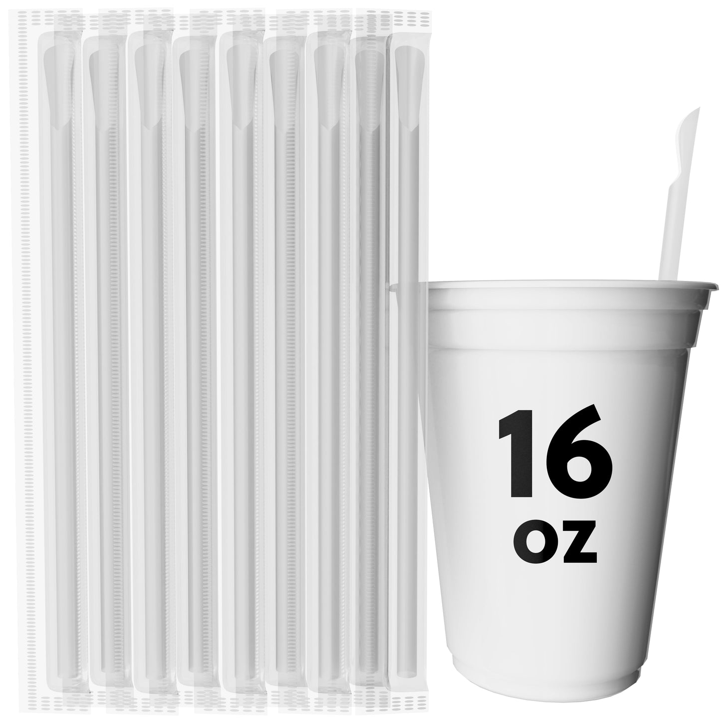 Scoop straws with spoon tip for thick drinks and frozen desserts in 16 oz cup, packaged in colorful wrappers