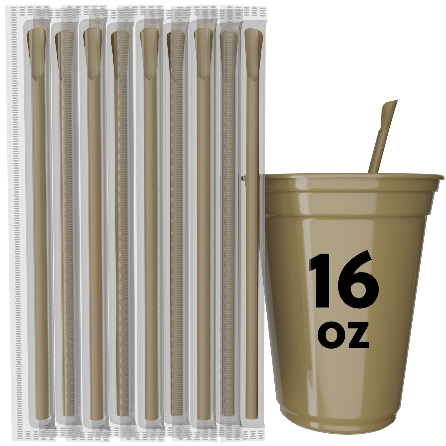 Set of 8 beige scoop straws with spoon-shaped tips next to a 16 oz cup with one straw inserted
