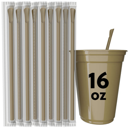 Set of 8 beige scoop straws with spoon-shaped tips next to a 16 oz cup with one straw inserted