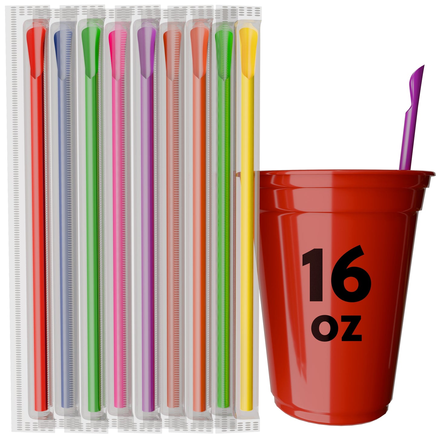 Colorful 8-inch Scoop Straws with spoon-shaped tips for thick drinks and frozen desserts alongside a red 16 oz cup with a purple scoop straw.