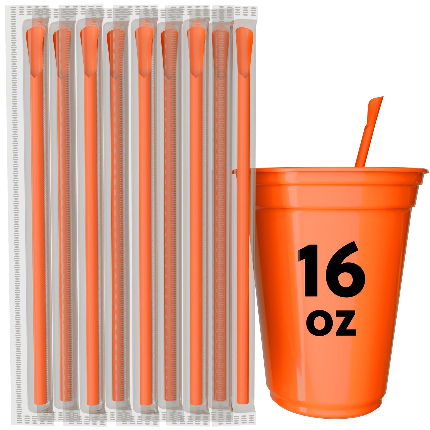 Orange scoop straws with spoon-shaped tips next to an orange 16 oz cup for frozen drinks