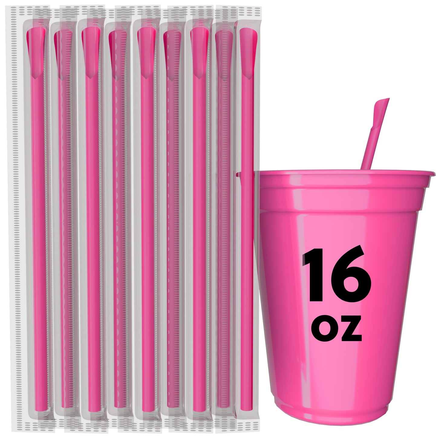 Colorful pink 8-inch scoop straws packaged with a pink 16 oz cup for frozen drinks and desserts