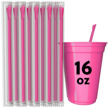 Colorful pink 8-inch scoop straws packaged with a pink 16 oz cup for frozen drinks and desserts