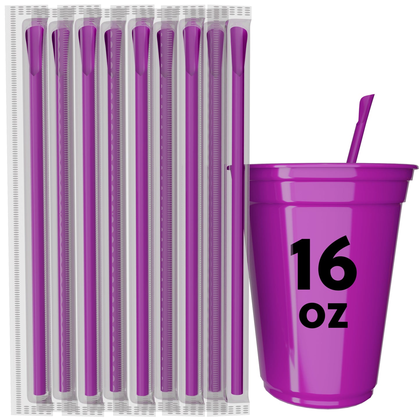 Purple scoop straws with spoon-shaped tips next to a purple 16 oz cup for frozen drinks and desserts