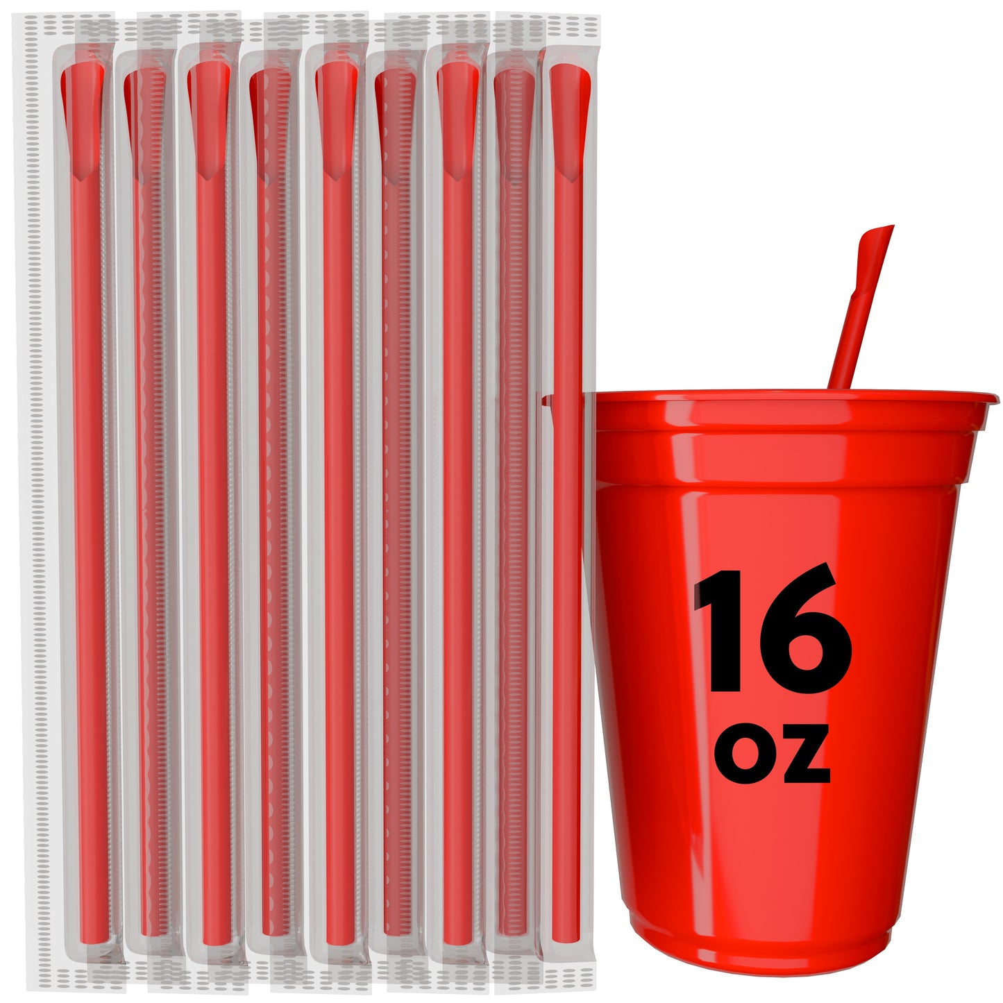 Red scoop straws with spoon-shaped tips in individual wrappers next to a 16 oz red cup with a red scoop straw inserted