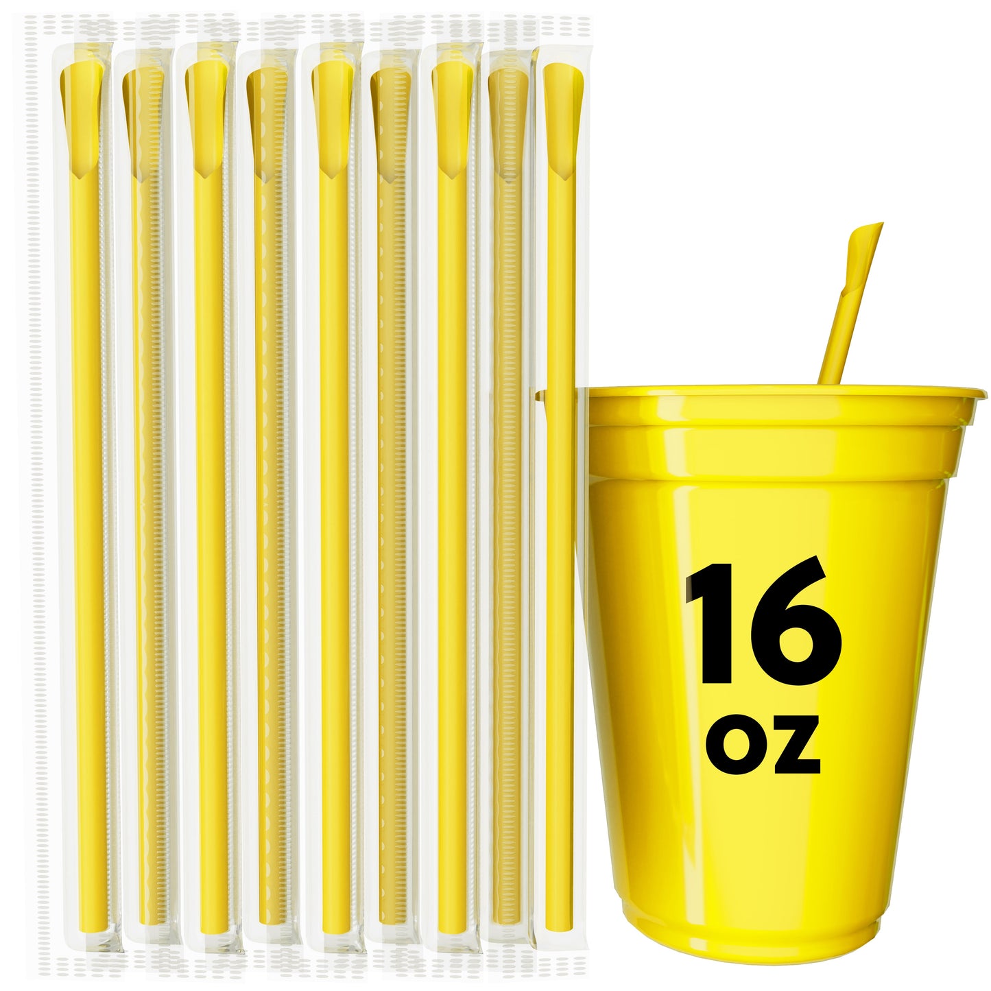 Yellow scoop straws with spoon-shaped tip next to a yellow 16 oz cup for frozen drinks