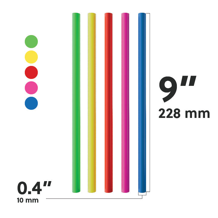 Neon boba straws in green, yellow, red, pink, and blue with wide openings, 9 inches long and 0.4 inches wide.
