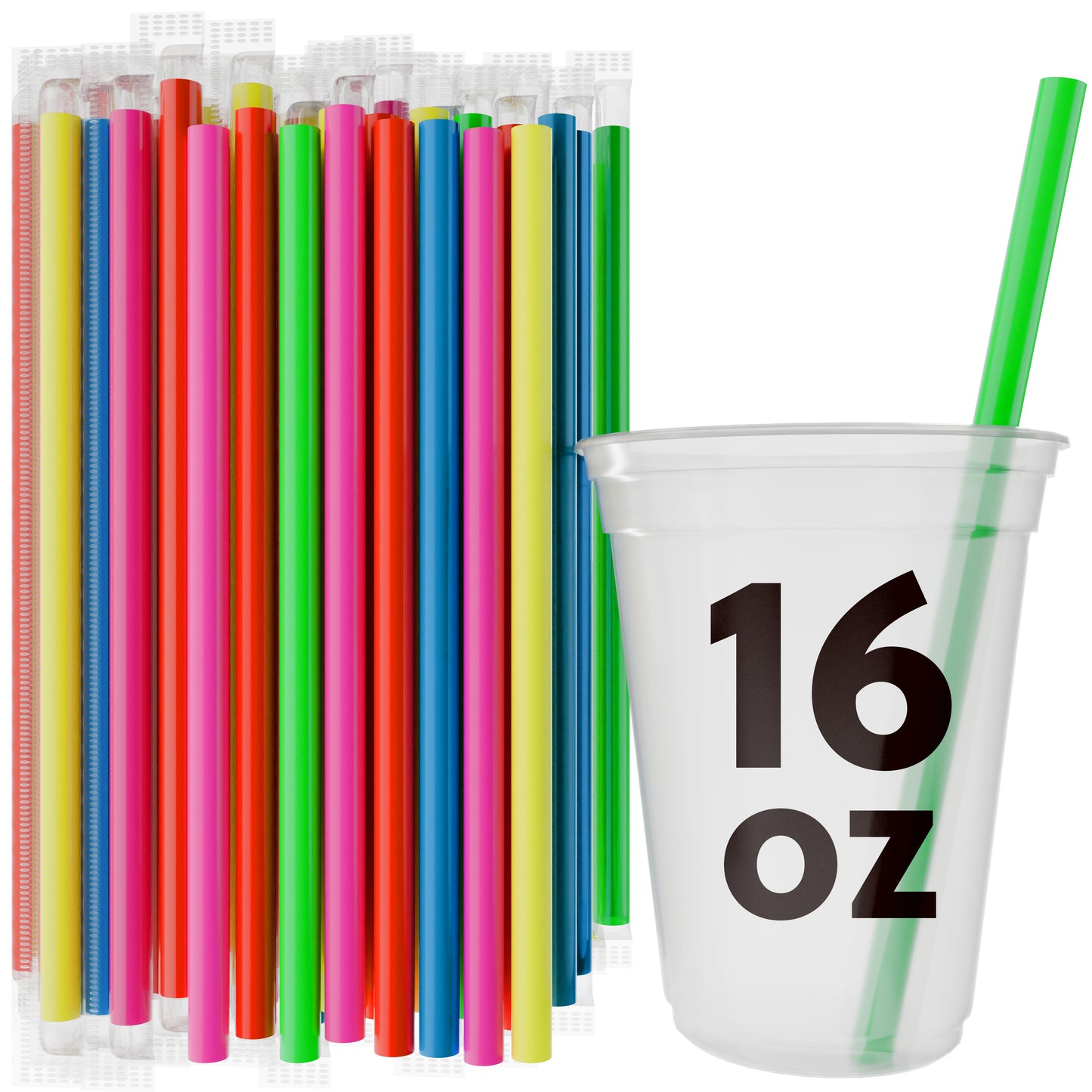 Colorful neon boba straws with wide openings next to a 16 oz clear cup with a green straw