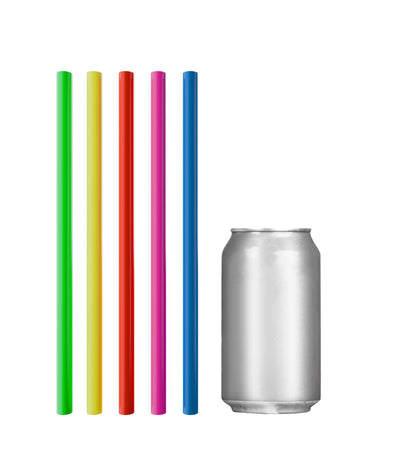 Colorful neon boba straws with wide openings beside a silver soda can for size comparison