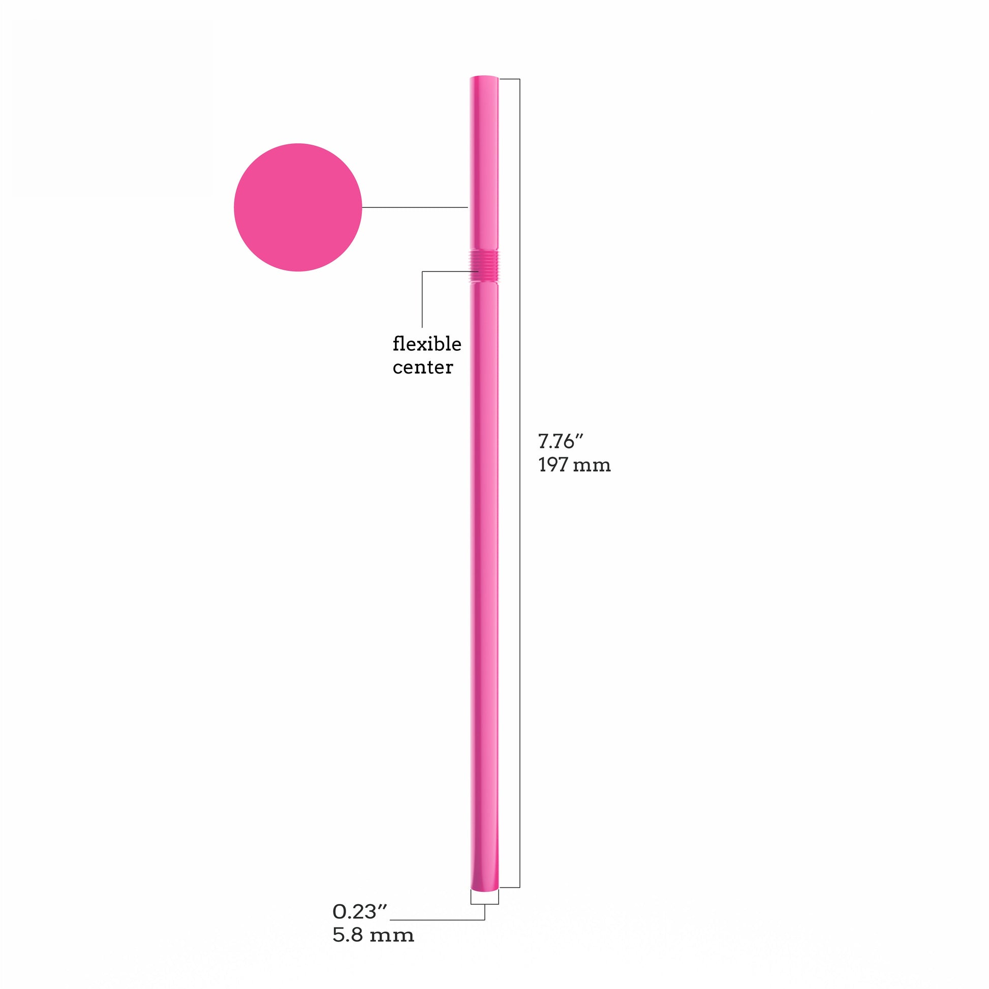 Pink paper wrapped plastic flexible straw with bendable center, 7.75 inches long and 0.23 inches diameter