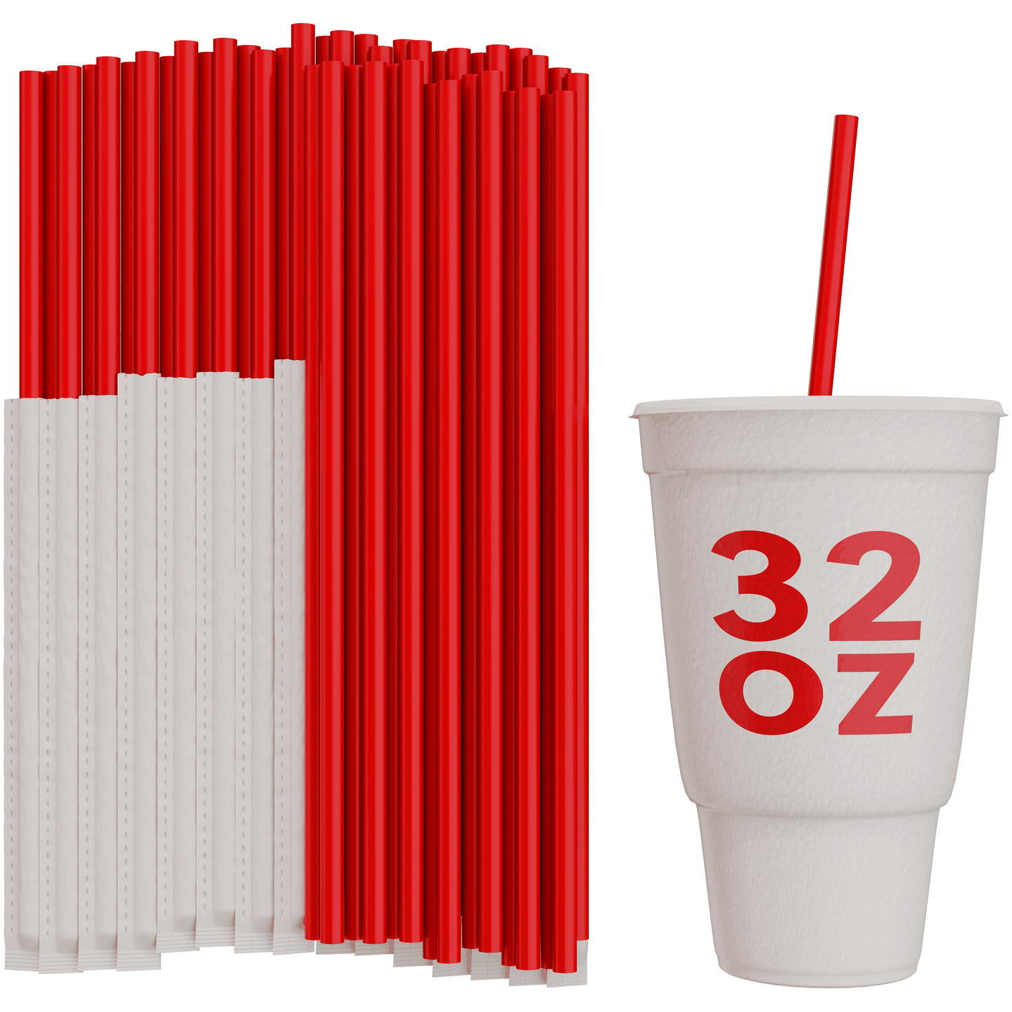 Red paper wrapped to-go straws with a 32 oz white drink cup for fast food restaurants