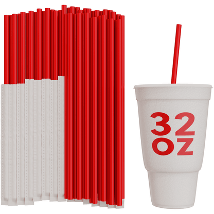 Red paper wrapped to-go straws with a 32 oz white drink cup for fast food restaurants