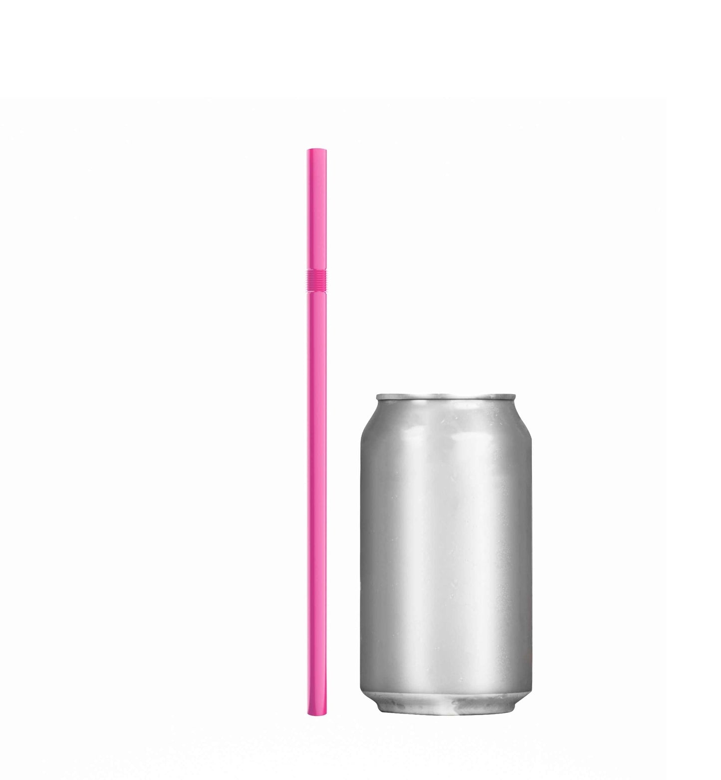 Pink paper wrapped plastic flexible straw next to a silver soda can