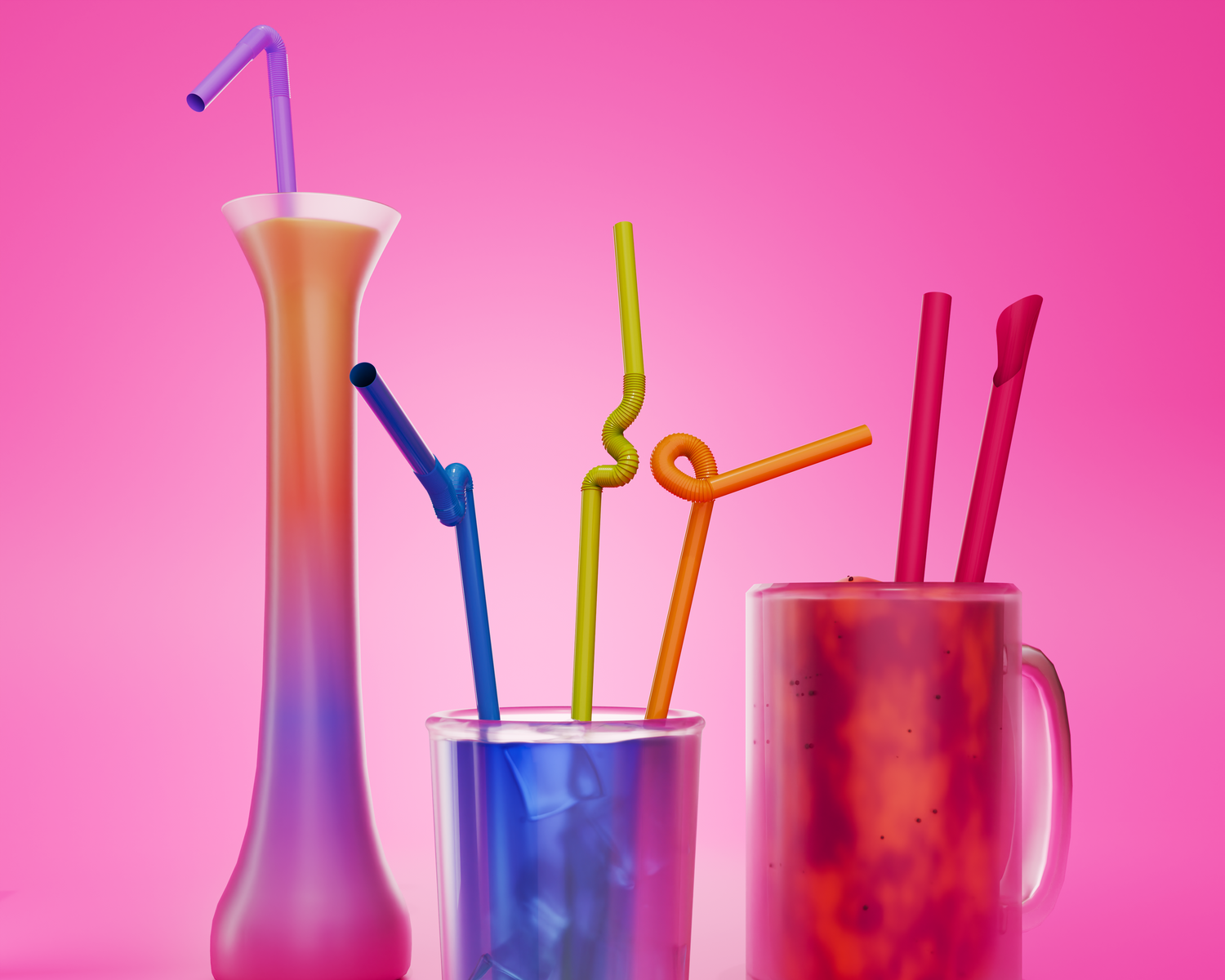 Colorful straws in various glasses against a pink background