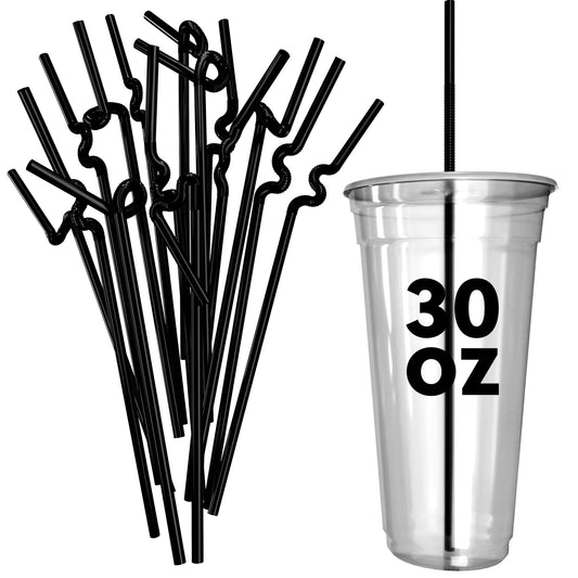 Black extra flexible art straws next to a clear 30 oz plastic cup with a black straw inserted
