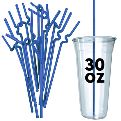 Extra Flexible Art Straws blue with various bend shapes beside clear 30 oz plastic cup with straw