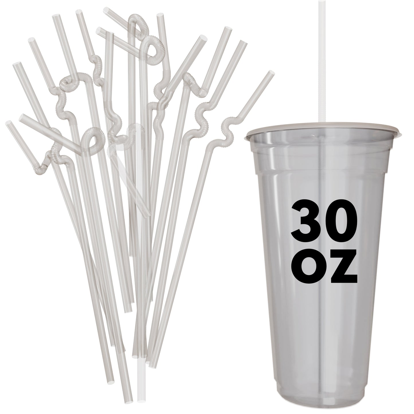 Extra flexible art straws in various twisted shapes next to a 30 oz plastic cup with a straight straw inserted