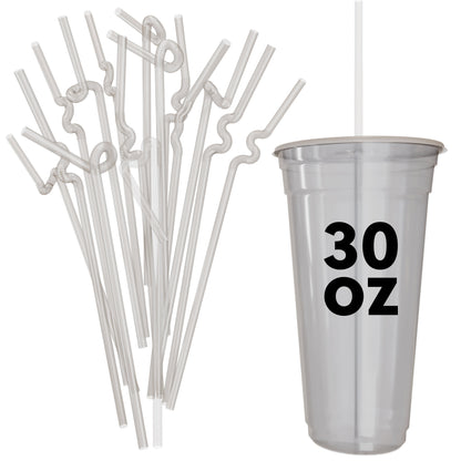 Extra flexible art straws in various twisted shapes next to a 30 oz plastic cup with a straight straw inserted