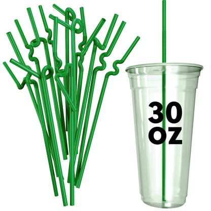 Green extra flexible art straws twisted and bent next to a clear 30 oz plastic cup with a straw inside