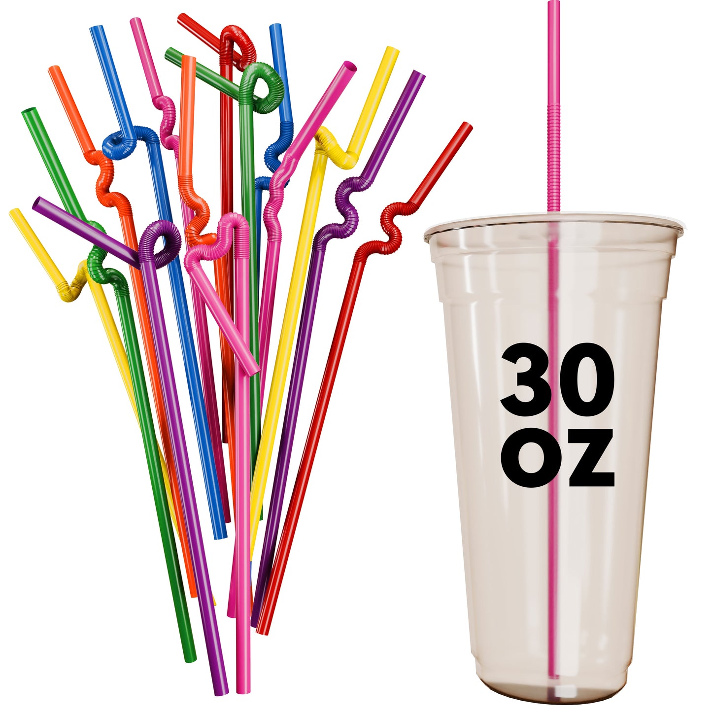 Colorful extra flexible art straws with bendable designs next to a 30 oz clear drink cup with a pink straw