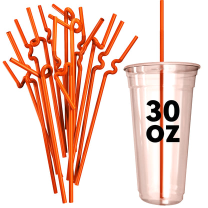 Extra flexible orange art straws with unique bends next to a 30 oz clear plastic cup