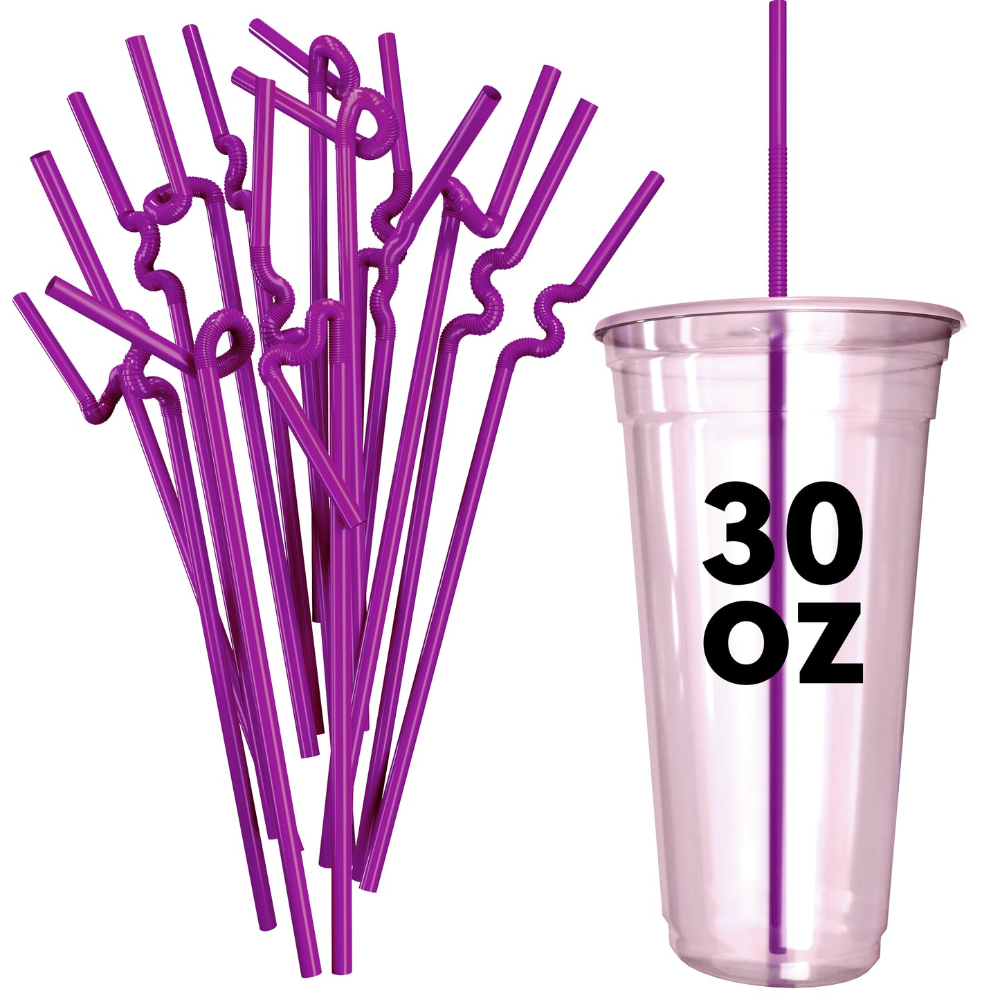 Purple extra flexible art straws bent in creative shapes beside a 30 oz clear plastic cup with a purple straw.