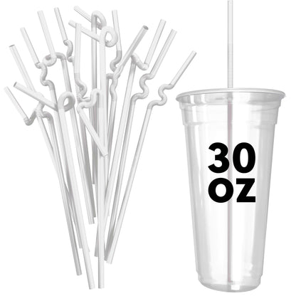 Extra flexible art straws with unique bendable designs next to a clear 30 oz plastic cup