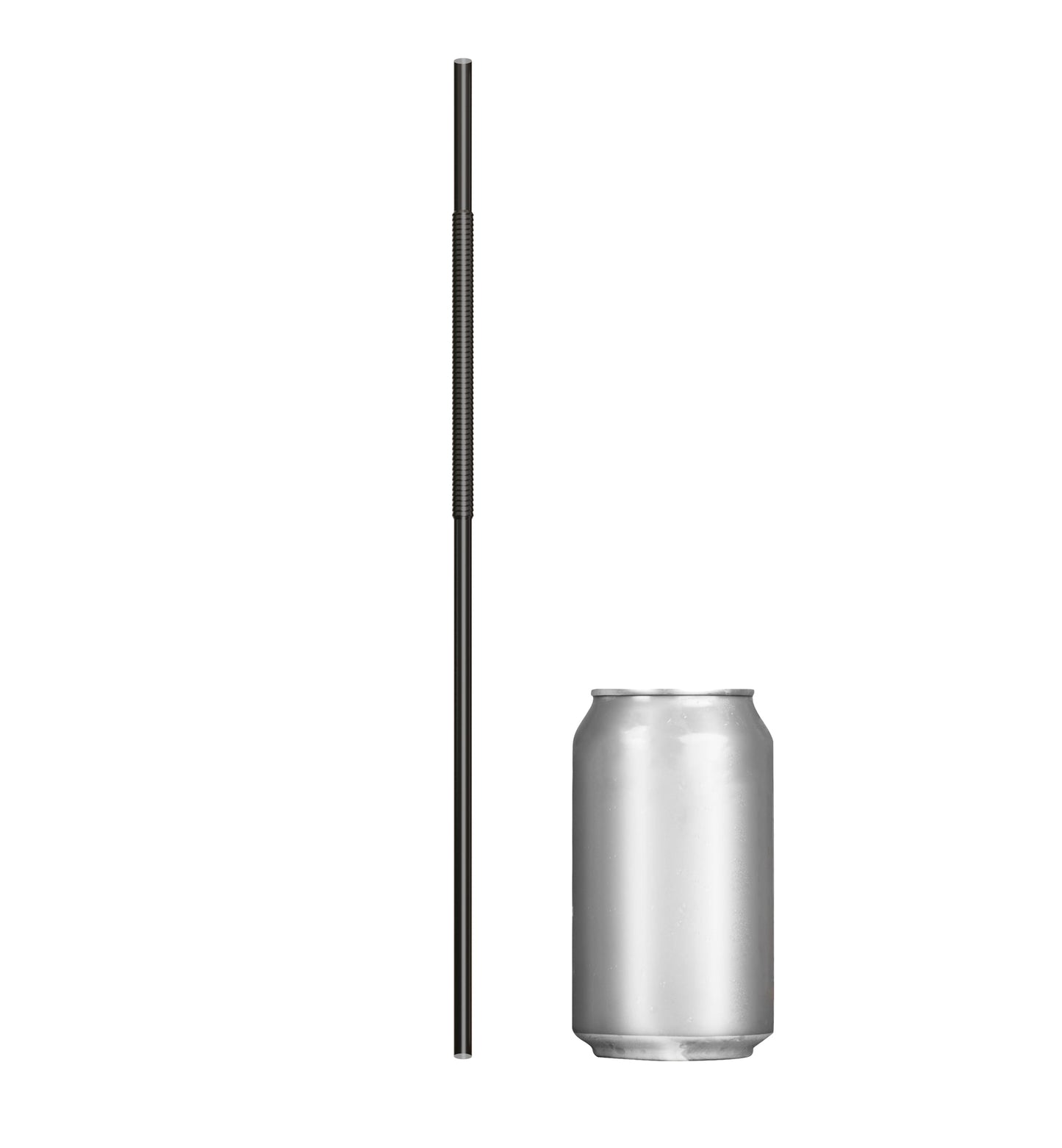 Extra Flexible Art Straw next to a silver soda can showing length and bendable section