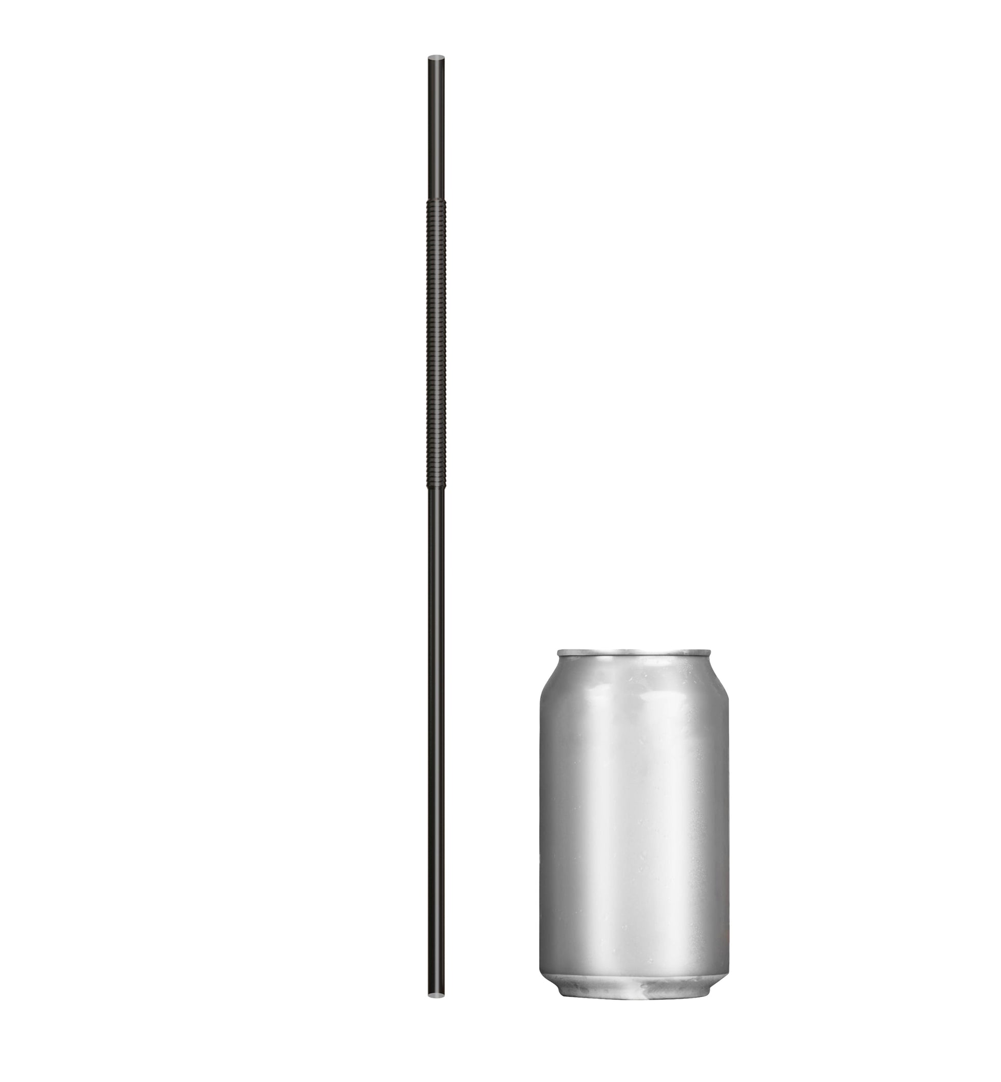Extra Flexible Art Straw next to a silver soda can showing length and bendable section