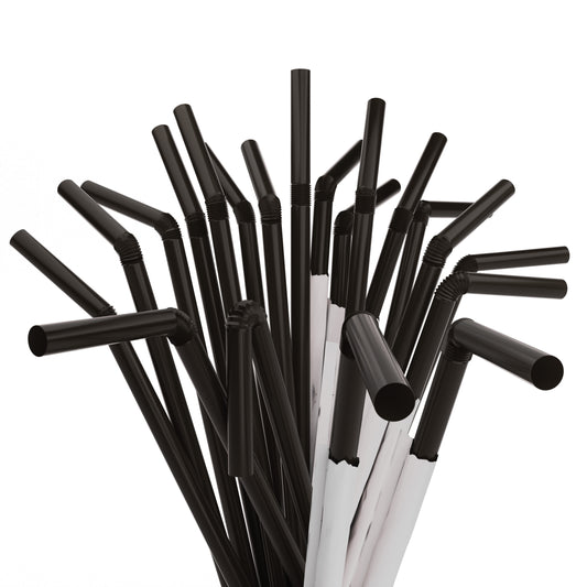 1 Case - 2,000 (8 x 250) Paper Wrapped Flexible Straws - 7.75" x 0.23" - Color: Black