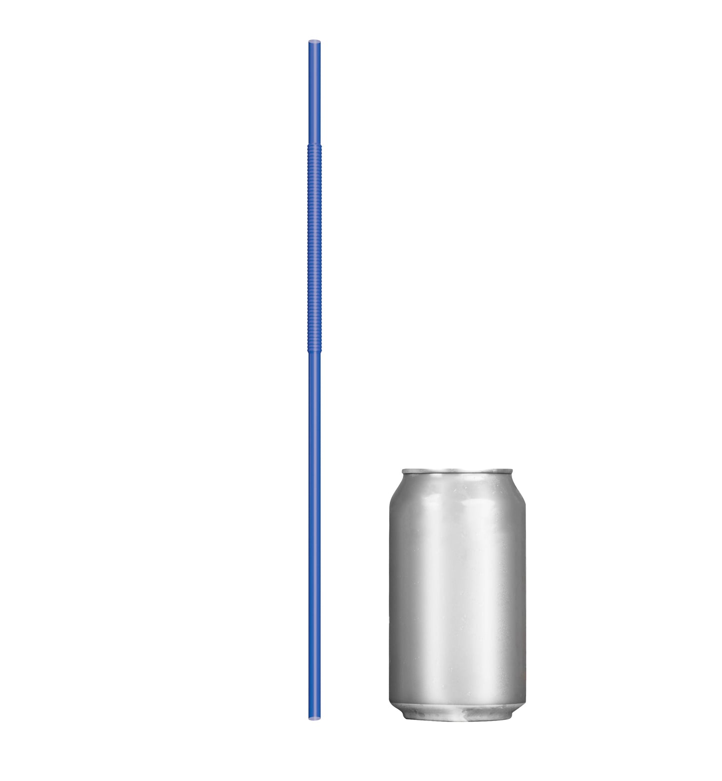 Blue extra flexible art straw next to a silver soda can for size comparison