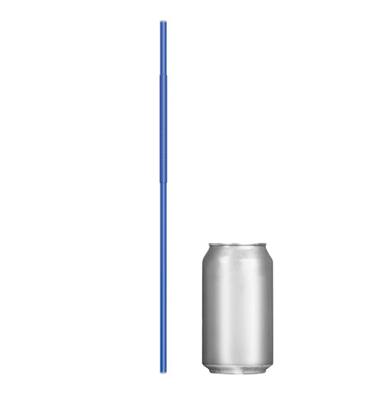 Blue extra flexible art straw next to a silver soda can for size comparison