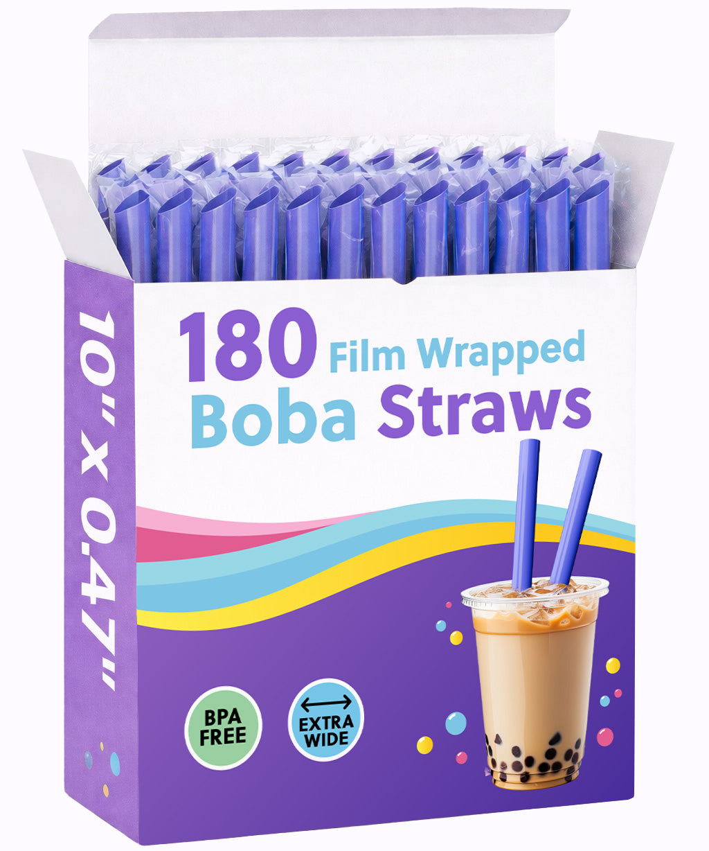 Box of 180 purple film wrapped boba straws 10 inch extra wide BPA free for bubble tea