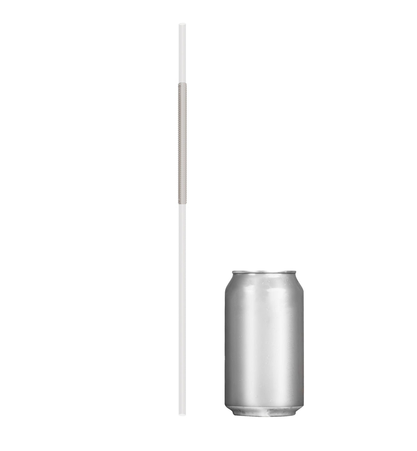 Extra flexible art straw next to a silver soda can for size comparison