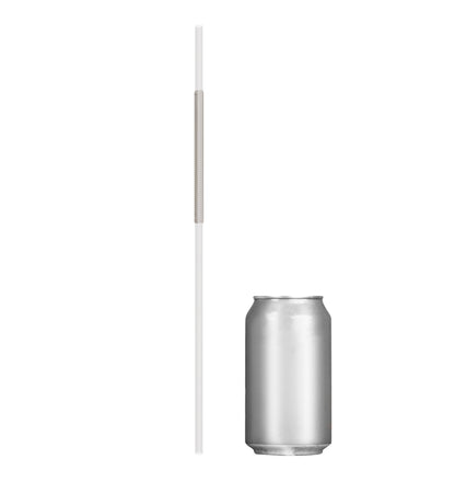 Extra flexible art straw next to a silver soda can for size comparison