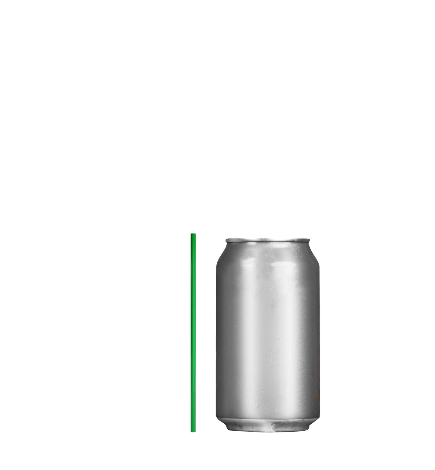 Green film wrapped stirrer straw next to a silver beverage can