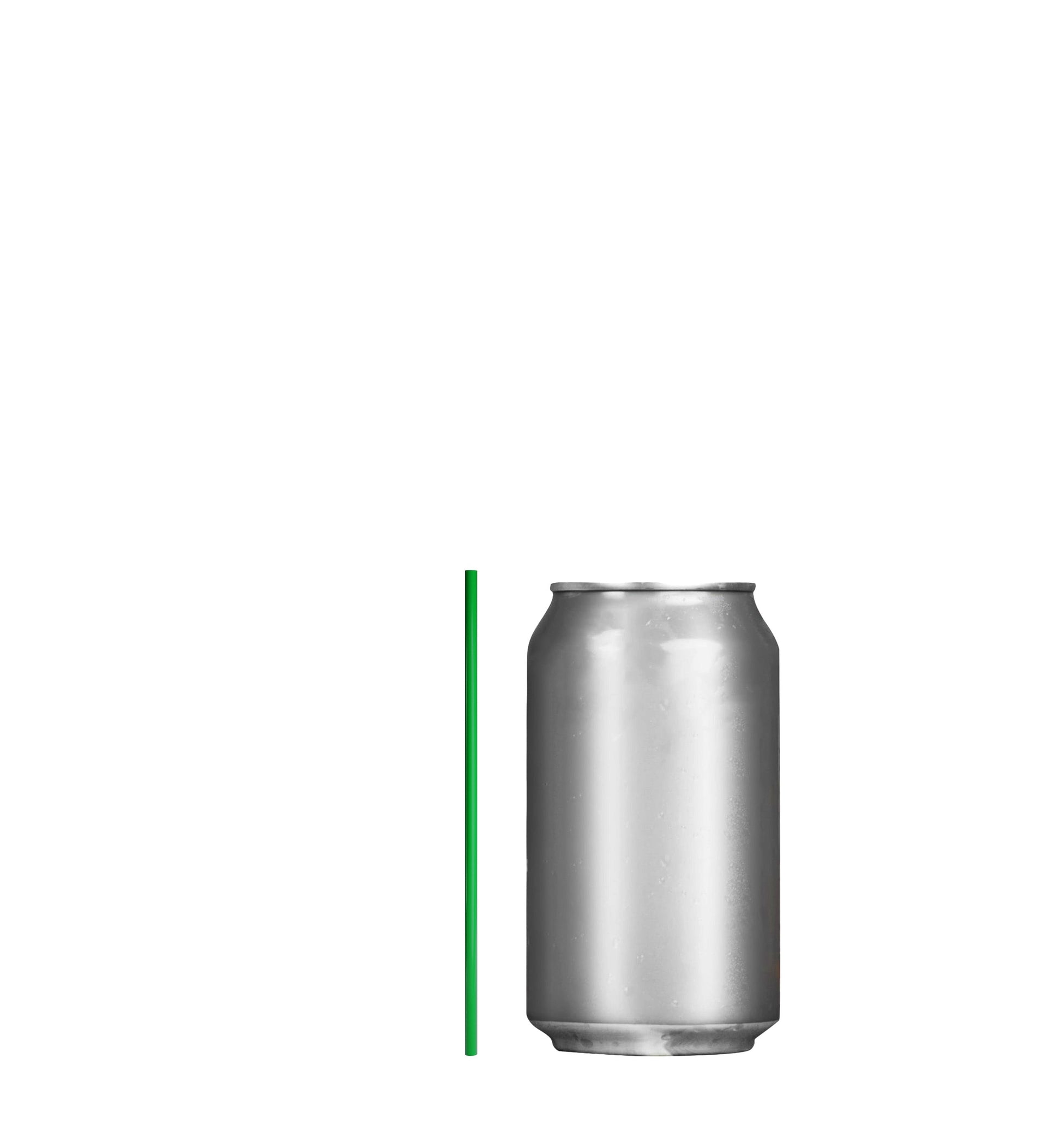 Green film wrapped stirrer straw next to a silver beverage can