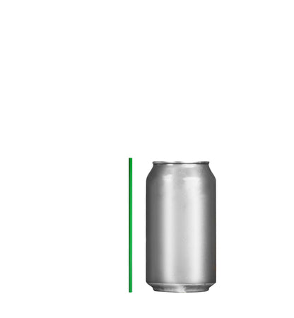 Green film wrapped stirrer straw next to a silver beverage can
