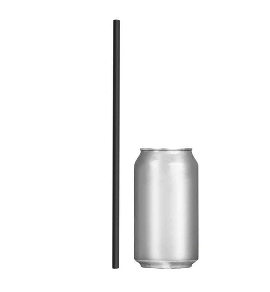 Unwrapped 32 oz black 10-inch to-go straw next to a silver soda can