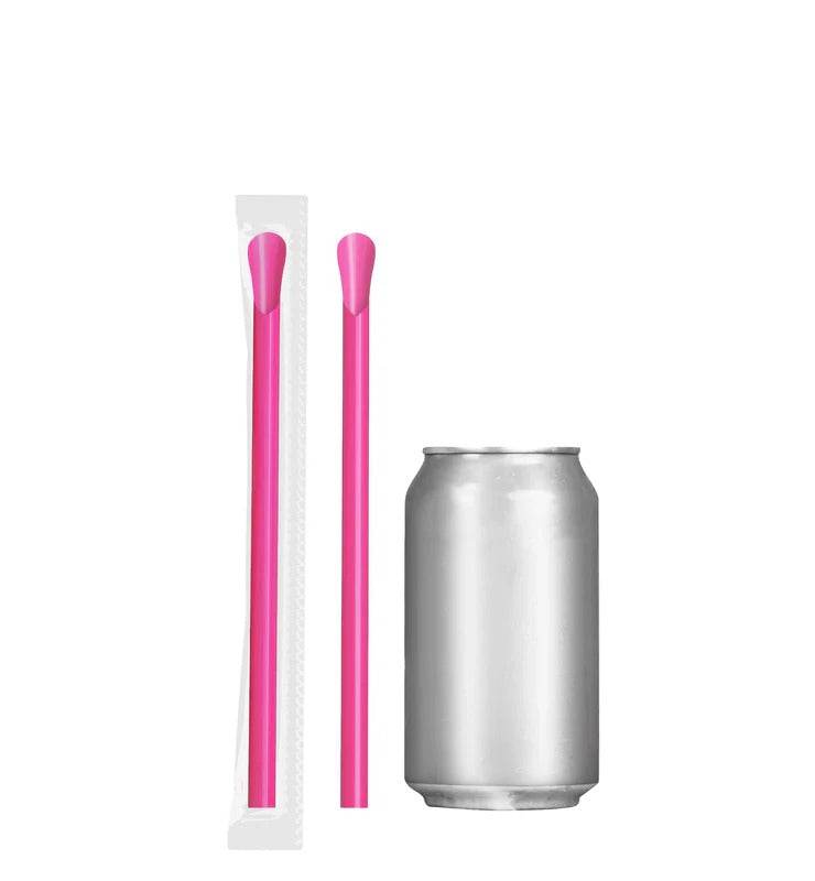 Pink paper wrapped classic jumbo straws next to a silver soda can