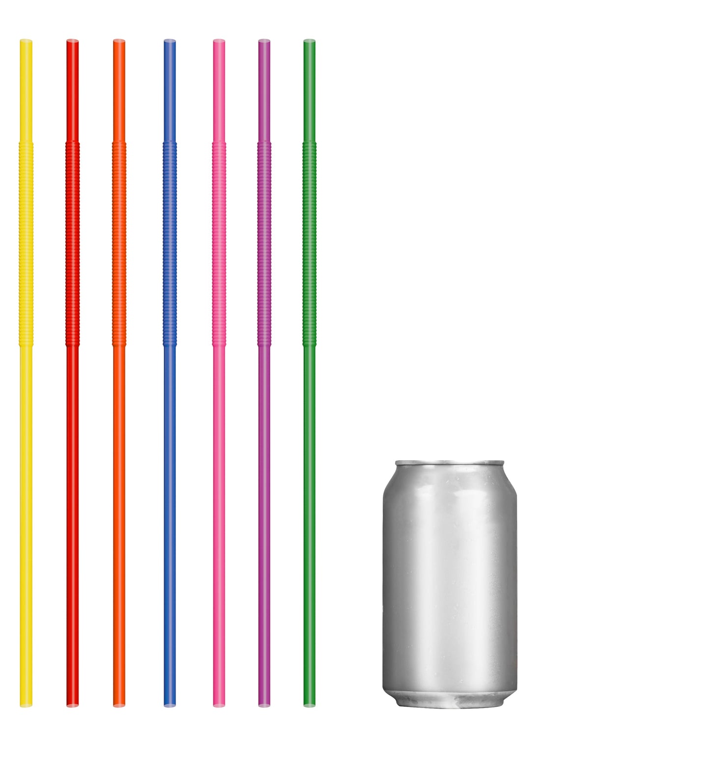 Set of colorful extra flexible art straws next to a silver soda can for size comparison